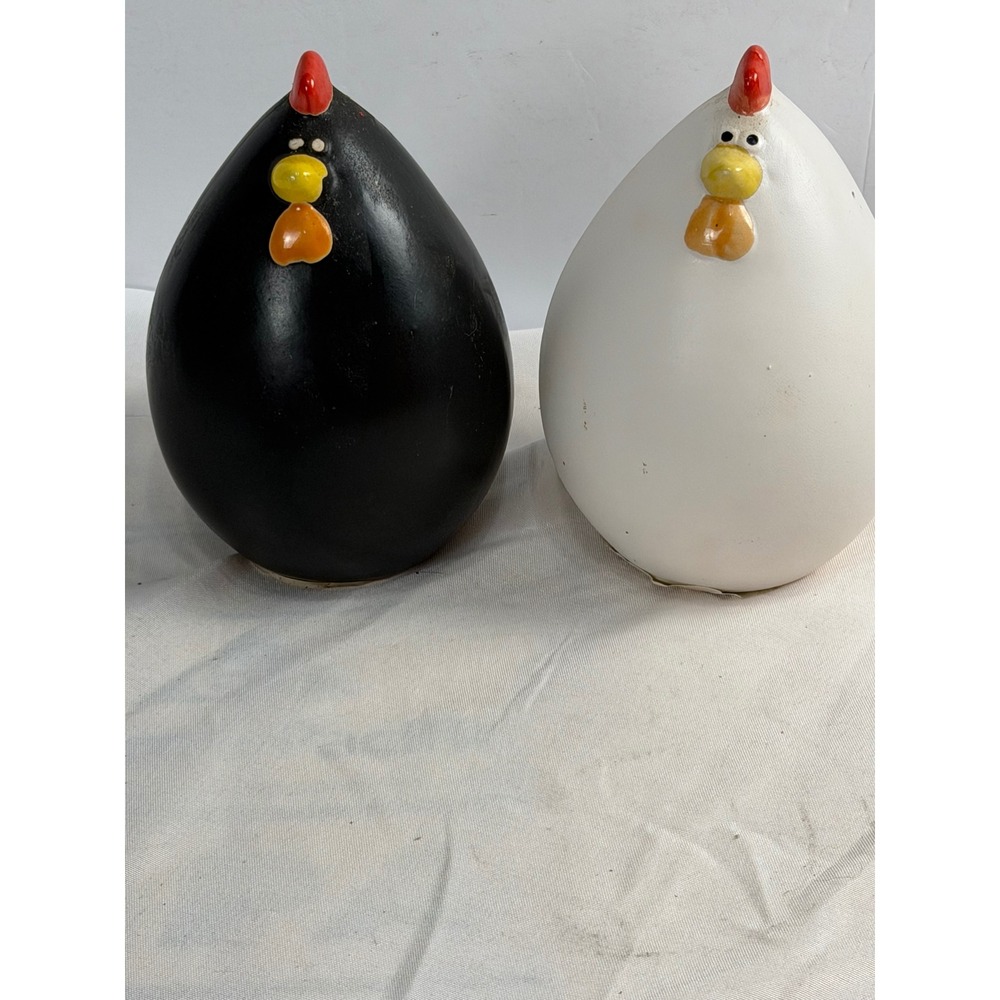 Greenbrier International Ceramic Chicken Figurines Black White Egg Shape Set 2